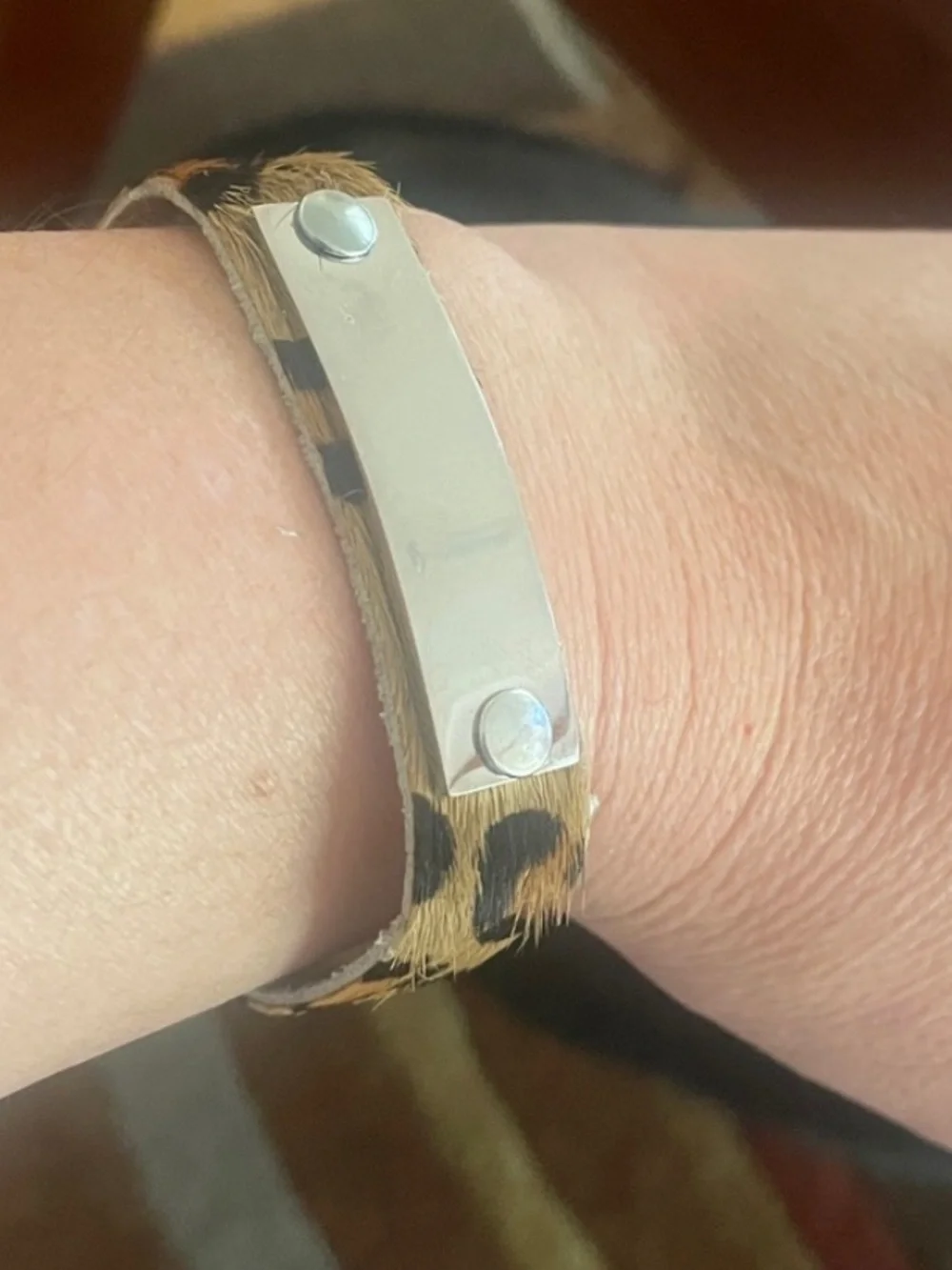 Plunder Leopard Print Leather Snap Bracelet. Silver-tone rectangular plate. NEW
